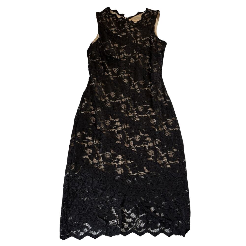 Belle Badgley Mischka Black Floral Lace Overlay Sheath Bodycon Cocktail Dress 6